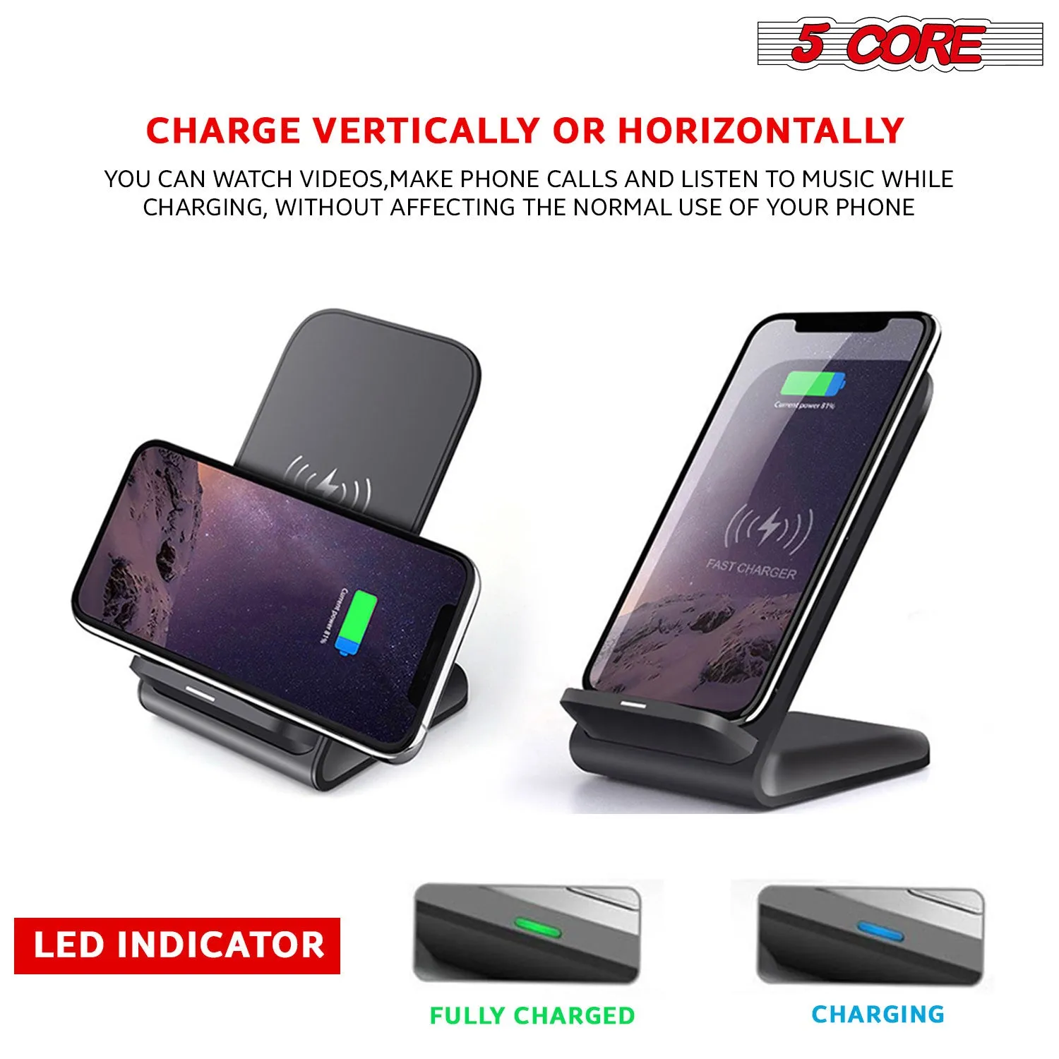 5 Core Wireless Charger Charging Pad Fast Phone Charging Stand Dock 10W Black 2pcs