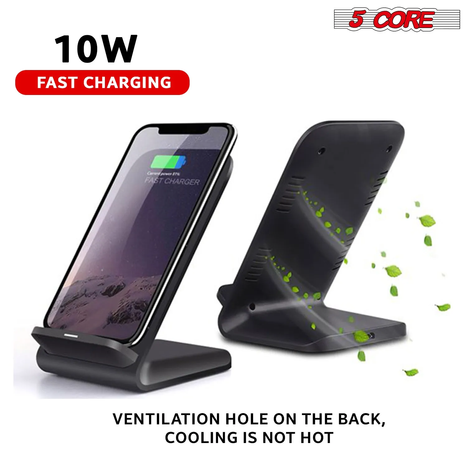 5 Core Wireless Charger Charging Pad Fast Phone Charging Stand Dock 10W Black 2pcs