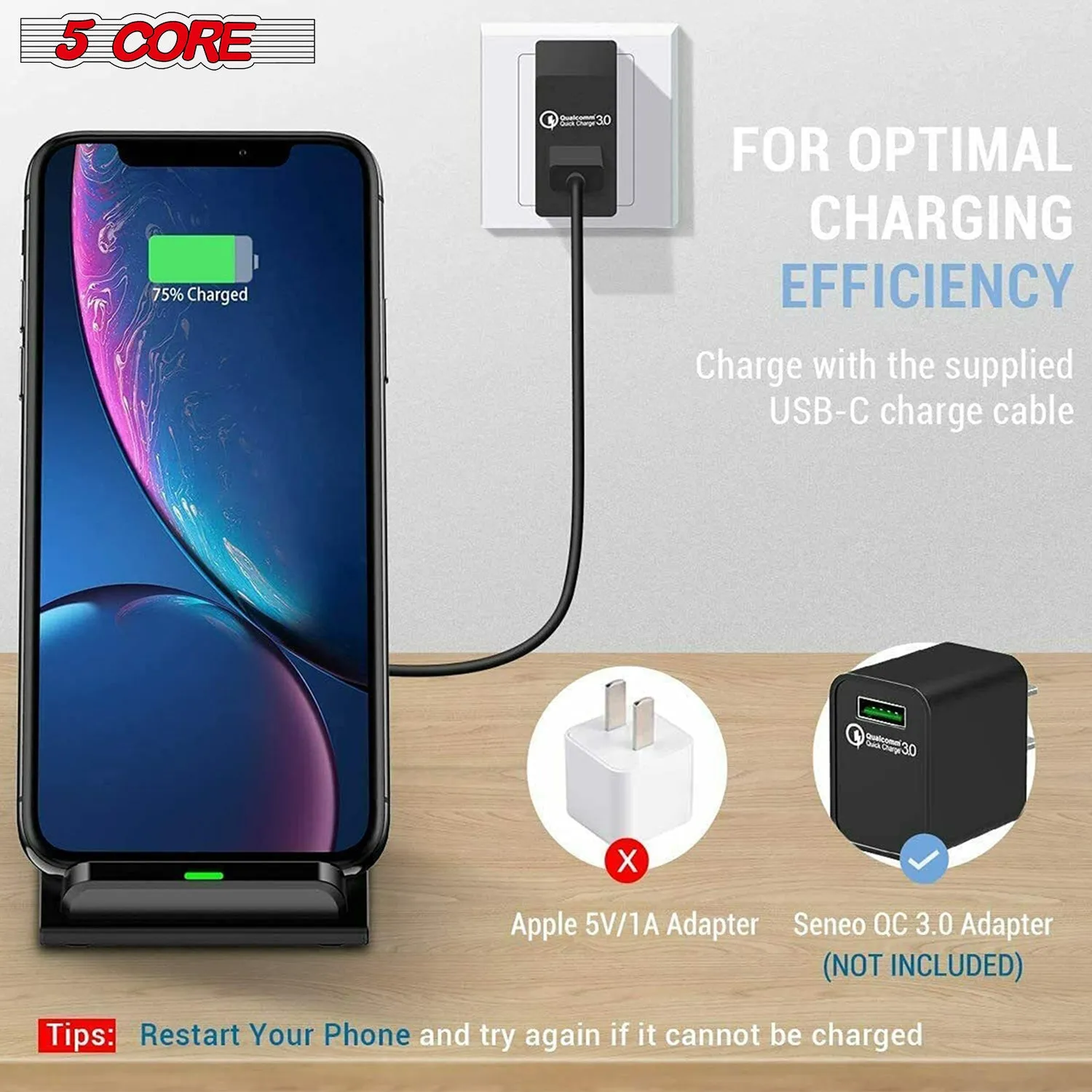 5 Core Wireless Charger Charging Pad Fast Phone Charging Stand Dock 10W Black 2pcs