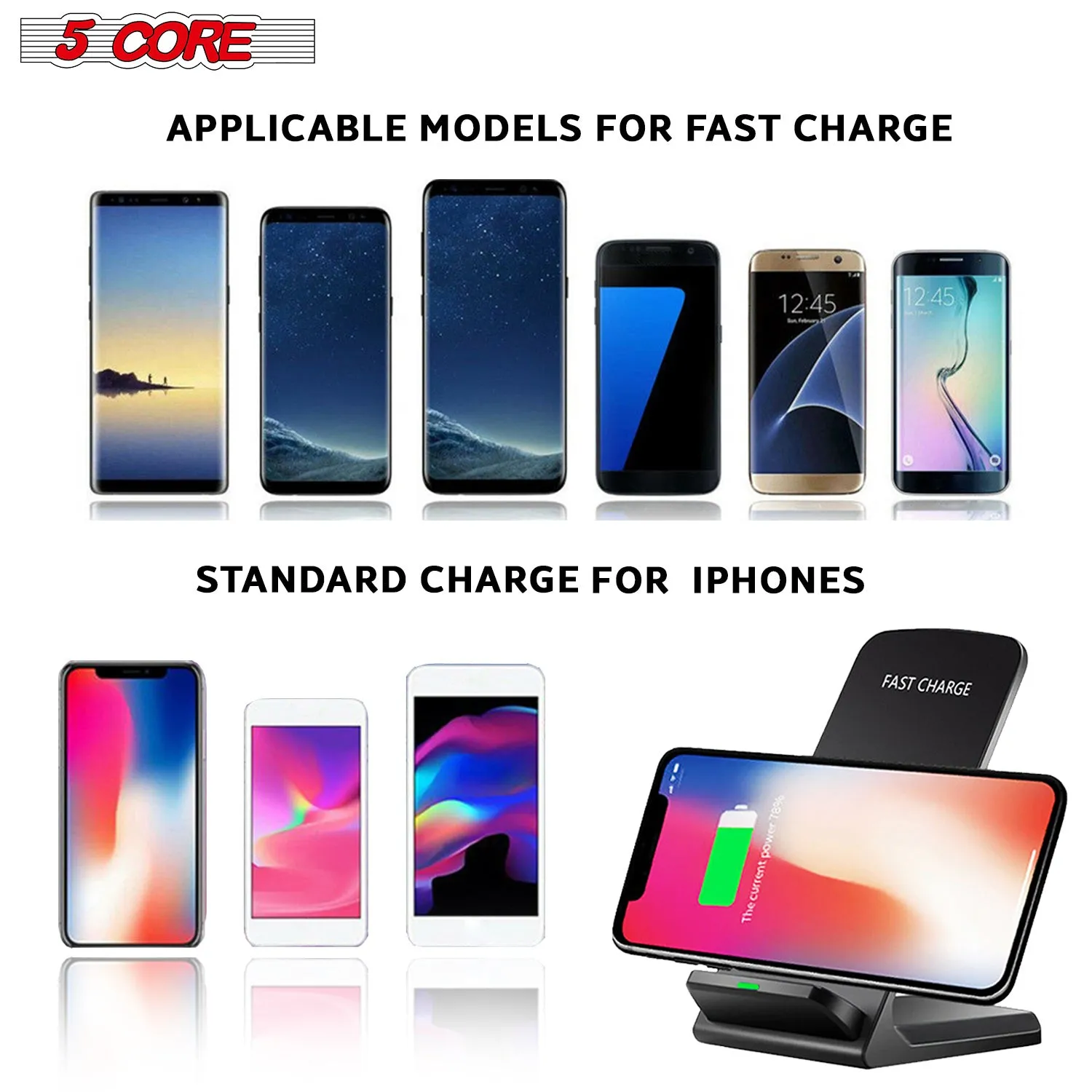 5 Core Wireless Charger Charging Pad Fast Phone Charging Stand Dock 10W Black 2pcs