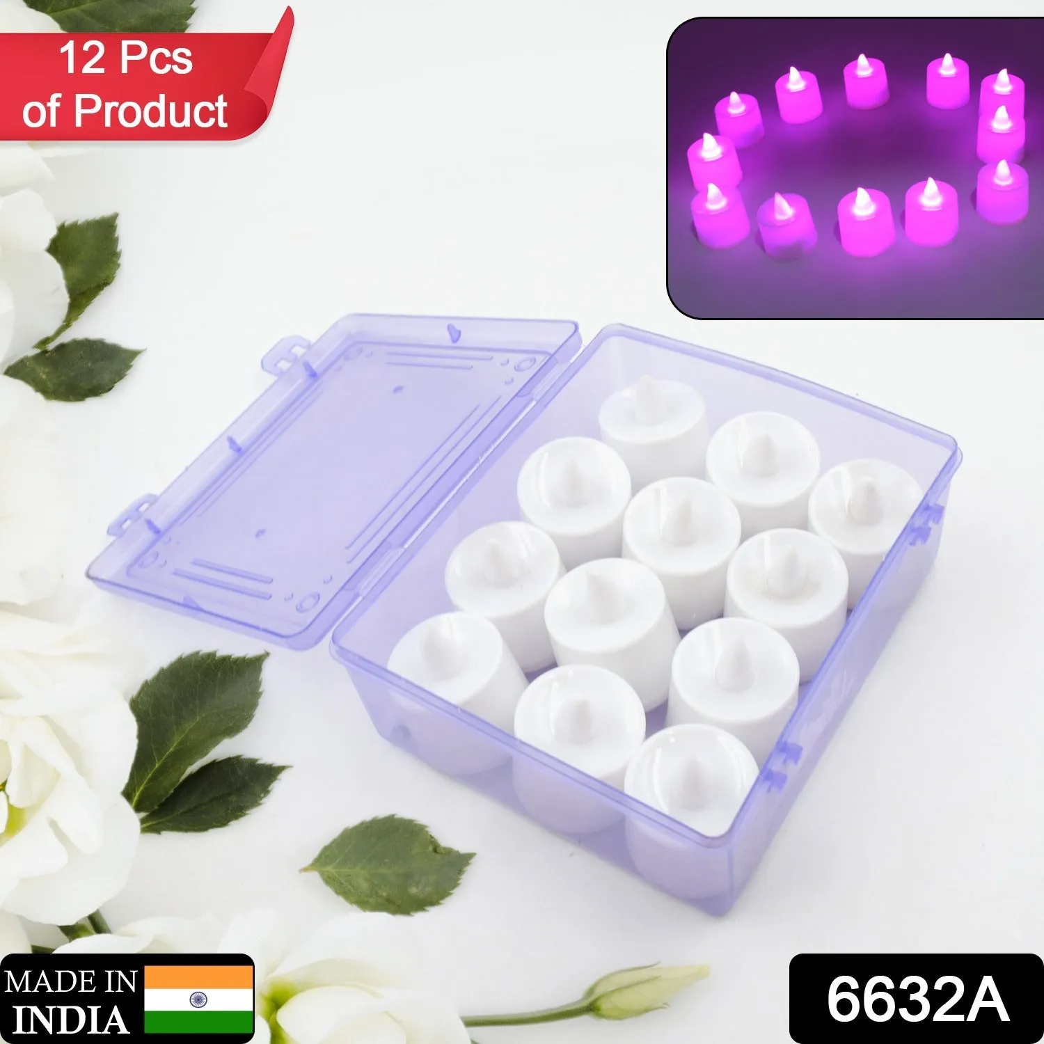 6632A Pink Flameless LED Tealights, Smokeless Plastic Decorative Candles - Led Tea Light Candle For Home Decoration (Pack Of 12pc) ( Diya , Divo , Diva , Deepak , Jyoti)