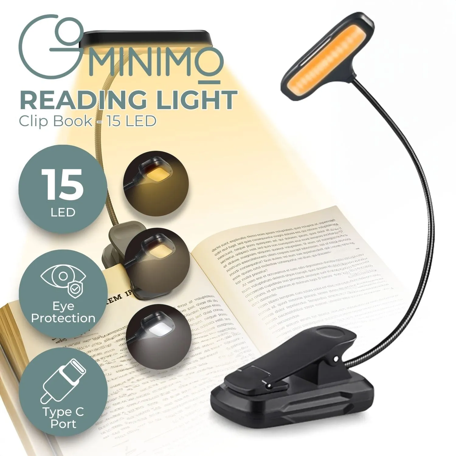 Adjustable Brightness LED Book Light with USB, 15 LEDs