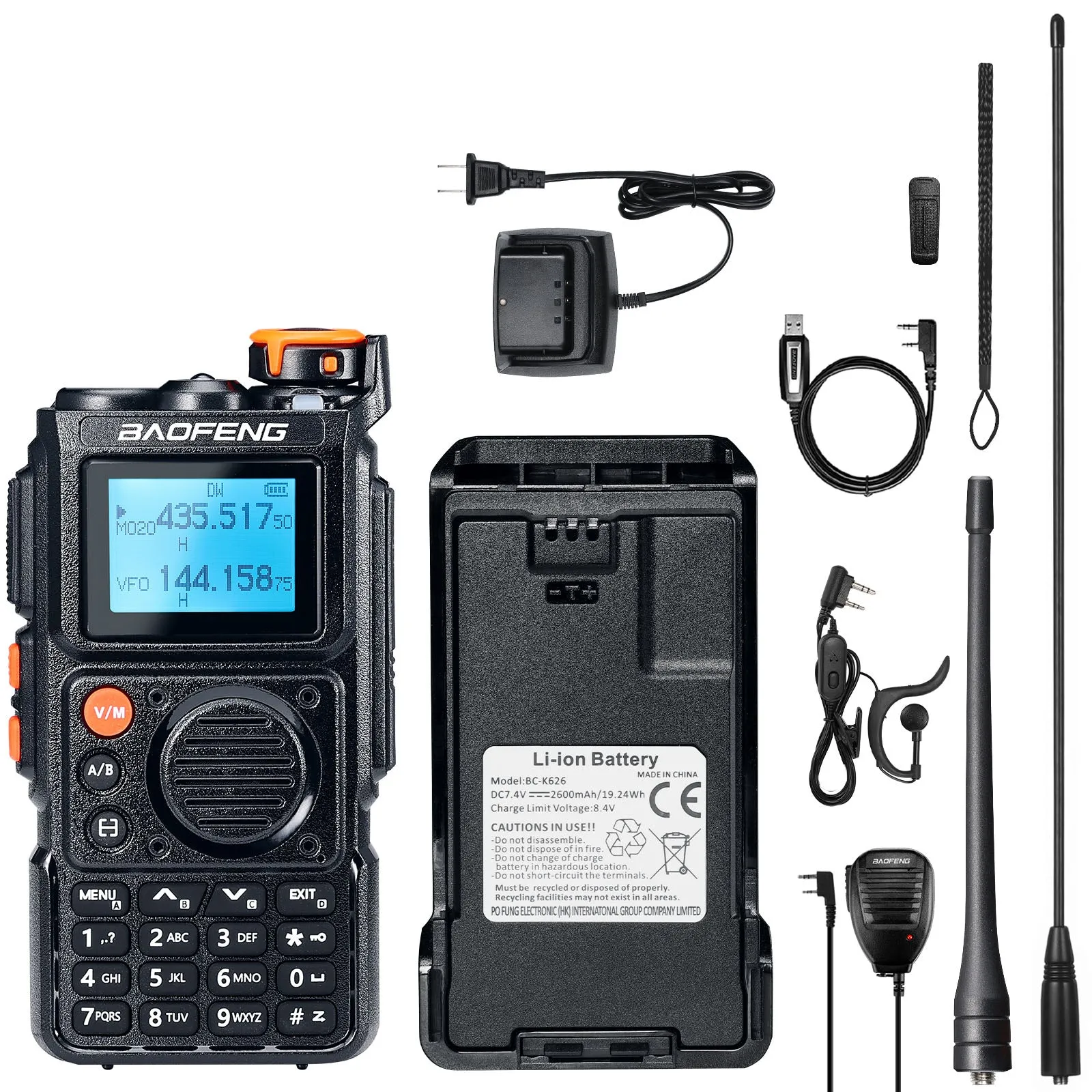 Baofeng K6 Tri-Band Radio | 6W | 999 CH | UHF/VHF/1.25M/NOAA/FM/Air Receiver |  Reverse Repeater Freq | 2600mAh Type-C Battery