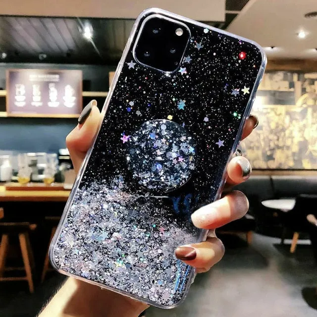 Bling Glitter Case For iPhone 11 Pro Max 11 Pro 11 XS XR X XS Max 6s 6 7 8  PlusSlim Case With Stand Holder Phone Cases Socket