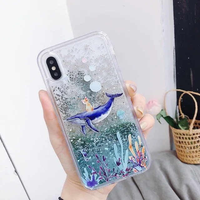 Cartoon Dolphin  iPhone X Max 7 6 6s  Case Plus Dynamic Glitter Sequins