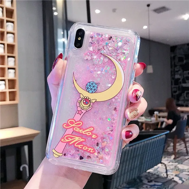 Cartoon Dolphin  iPhone X Max 7 6 6s  Case Plus Dynamic Glitter Sequins