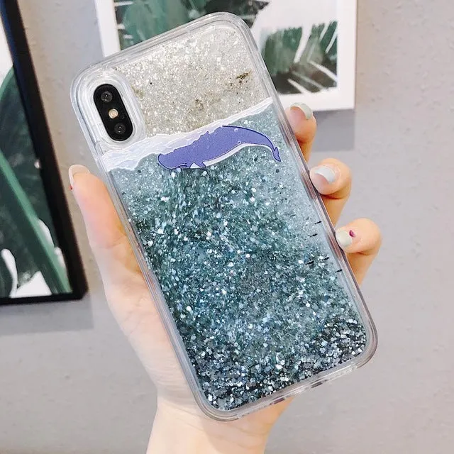 Cartoon Dolphin  iPhone X Max 7 6 6s  Case Plus Dynamic Glitter Sequins