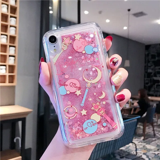 Cartoon Dolphin  iPhone X Max 7 6 6s  Case Plus Dynamic Glitter Sequins