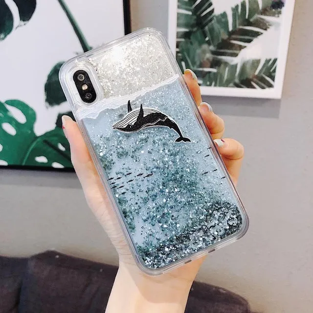 Cartoon Dolphin  iPhone X Max 7 6 6s  Case Plus Dynamic Glitter Sequins