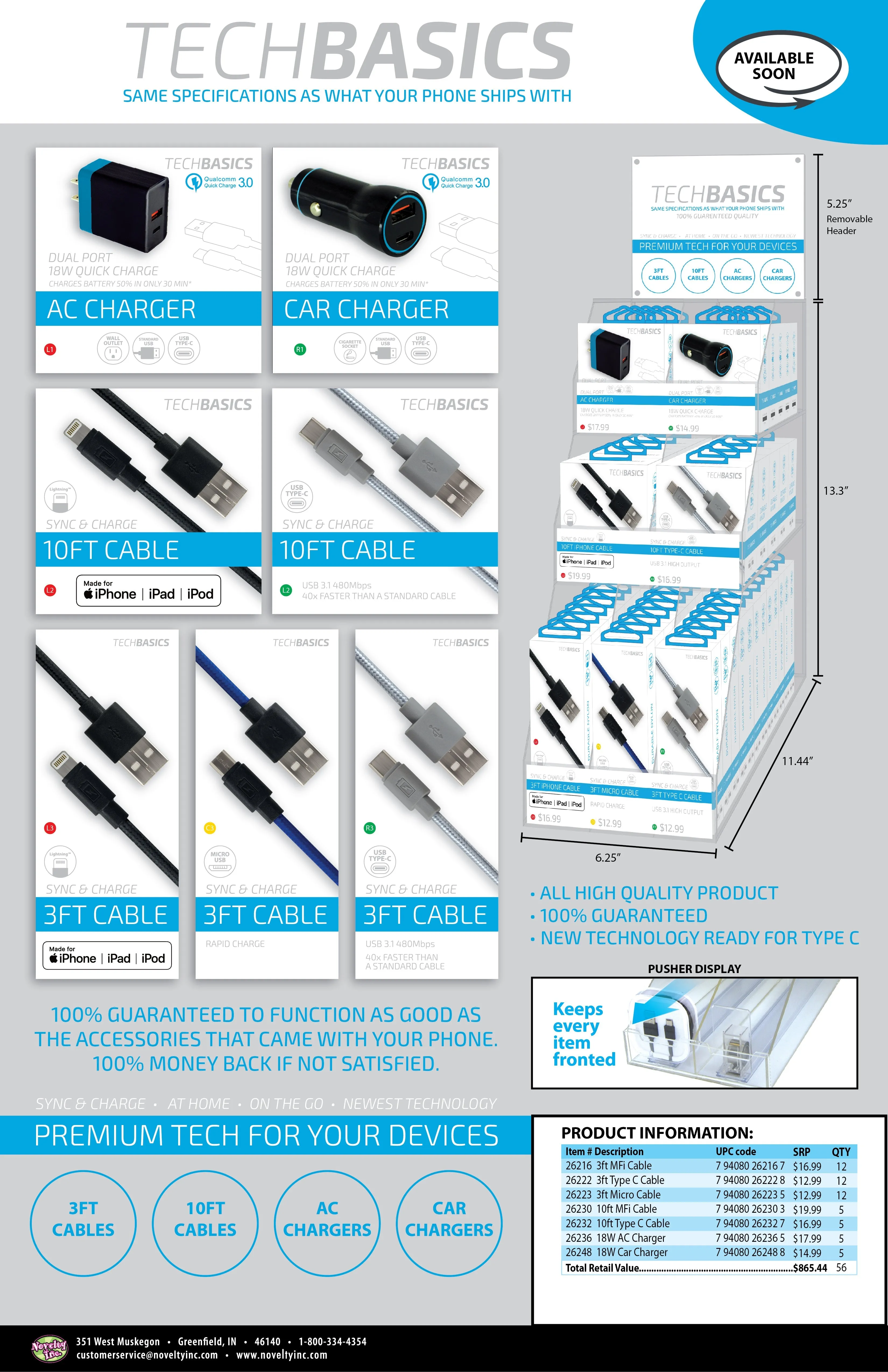 Cell Phone Accessories Tech Basics Kit Assortment - 56 Pieces Per Retail Ready Display 88302