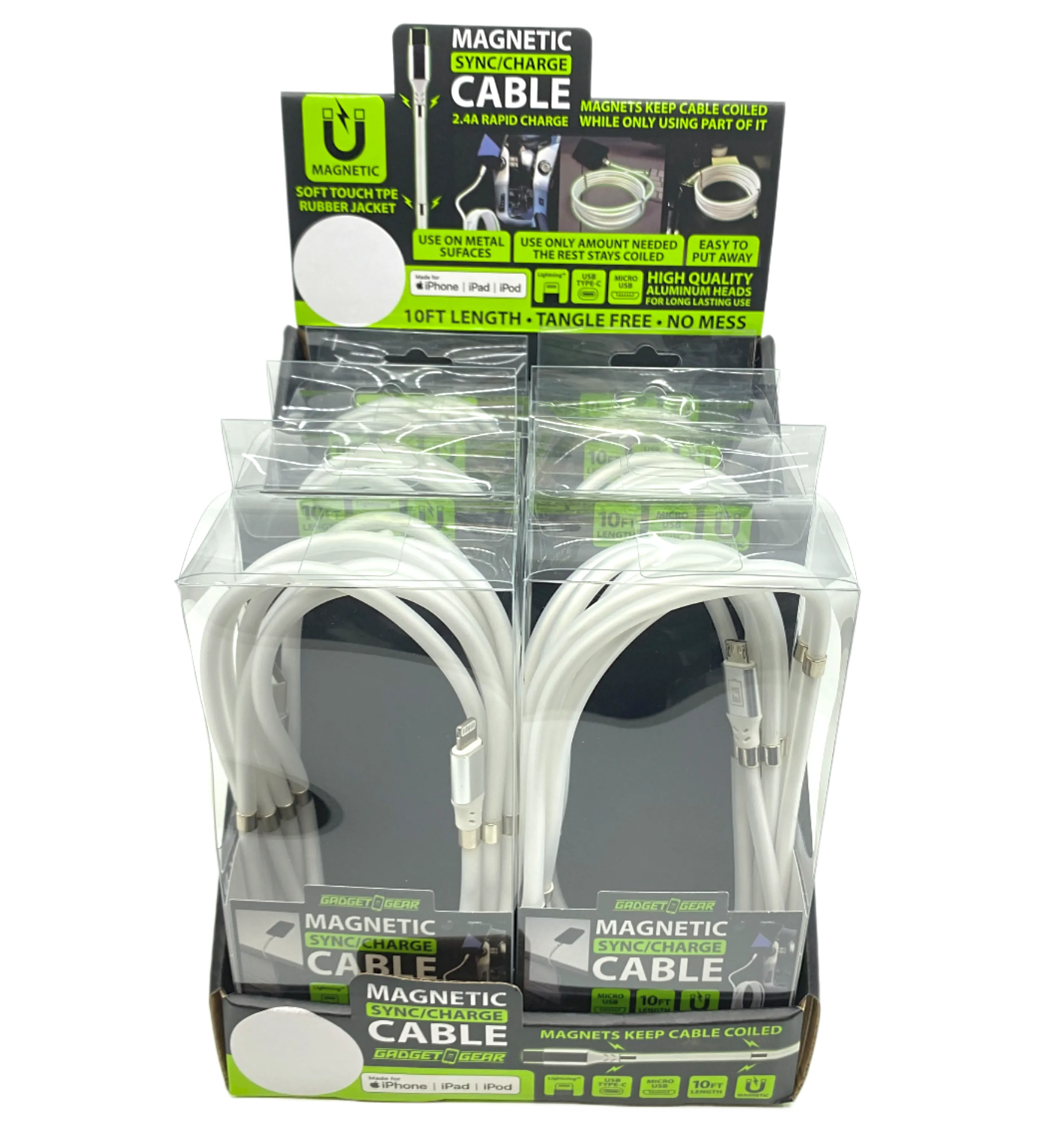 Charging Cable Magnetic Assortment 10FT - 6 Pieces Per Retail Ready Display 88414