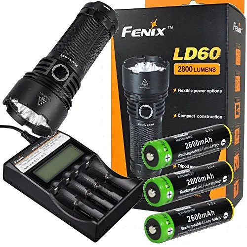 Fenix LD60 2800 Lumen triple CREE XM-L2 (U2) LED Flashlight with Fenix ARE-C2 battery charger, 3 X Edisonbright EBR26 2600mAh Protected 18650 rechargeable batteries bundle