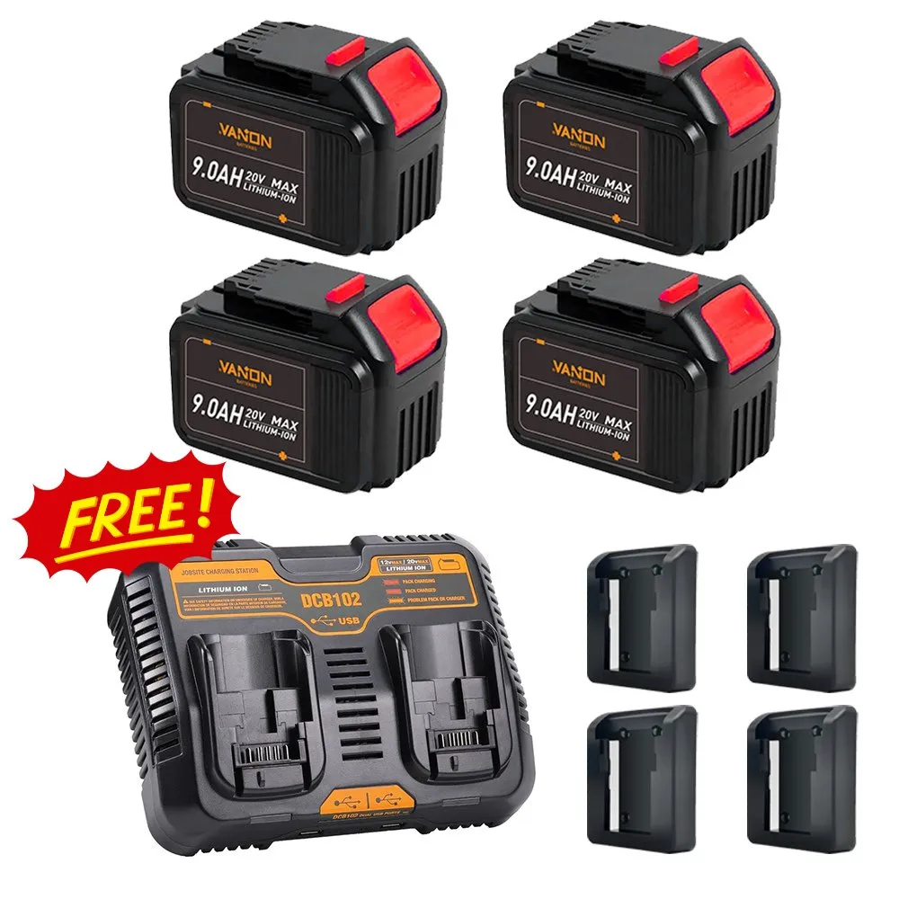 For Dewalt 9.0Ah Battery replacement | 20V Max Li-ion Battery DCB200 4 Pack  Free charger& Holders