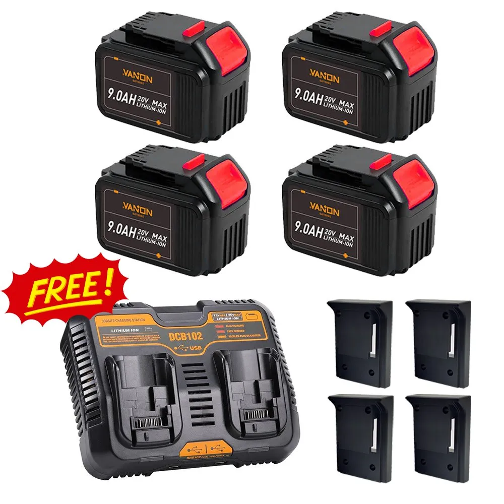 For Dewalt 9.0Ah Battery replacement | 20V Max Li-ion Battery DCB200 4 Pack  Free charger& Holders