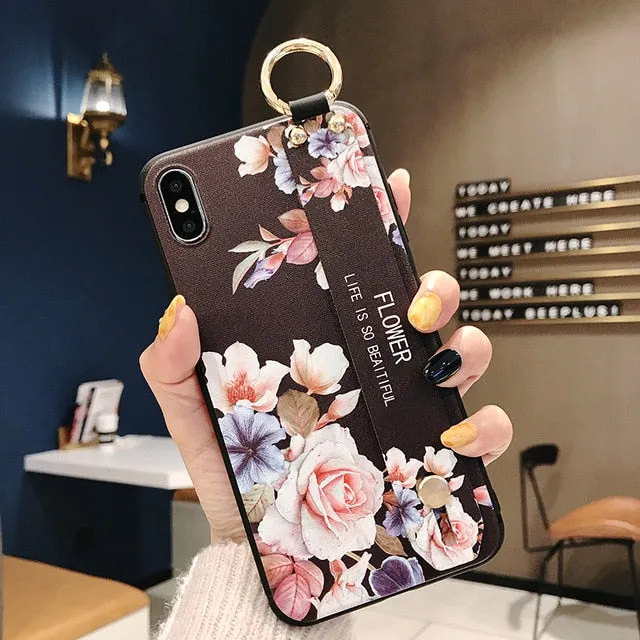 For iPhone 11 Case Fashion Flower Phone Holder Case for iPhone 8 Plus 6 6s 7 X XR XS 11 pro max Soft TPU Wrist Strap Cover Etui