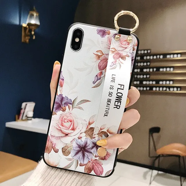 For iPhone 11 Case Fashion Flower Phone Holder Case for iPhone 8 Plus 6 6s 7 X XR XS 11 pro max Soft TPU Wrist Strap Cover Etui