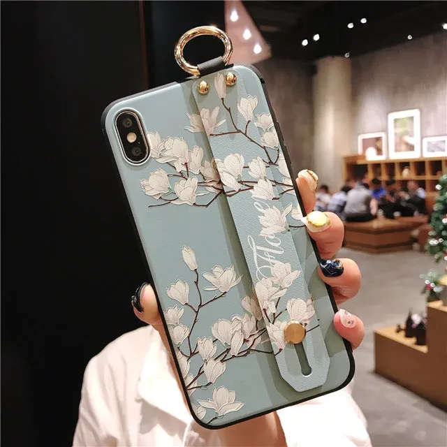 For iPhone 11 Case Fashion Flower Phone Holder Case for iPhone 8 Plus 6 6s 7 X XR XS 11 pro max Soft TPU Wrist Strap Cover Etui