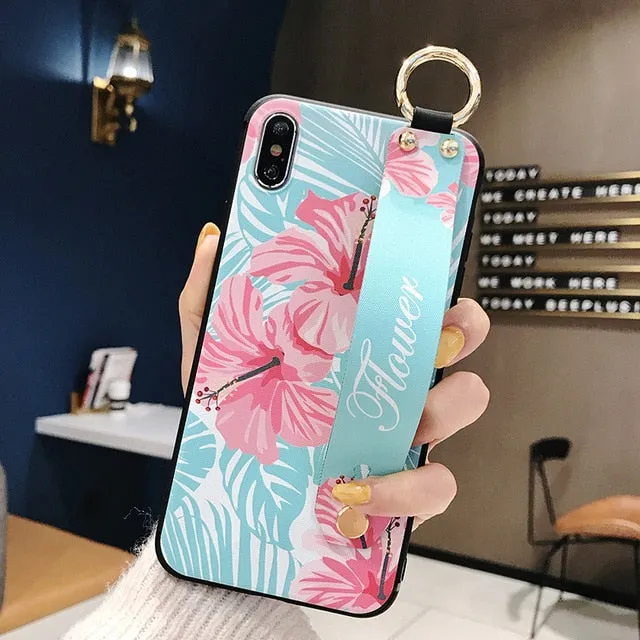 For iPhone 11 Case Fashion Flower Phone Holder Case for iPhone 8 Plus 6 6s 7 X XR XS 11 pro max Soft TPU Wrist Strap Cover Etui