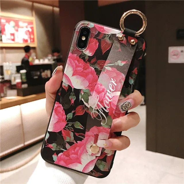 For iPhone 11 Case Fashion Flower Phone Holder Case for iPhone 8 Plus 6 6s 7 X XR XS 11 pro max Soft TPU Wrist Strap Cover Etui