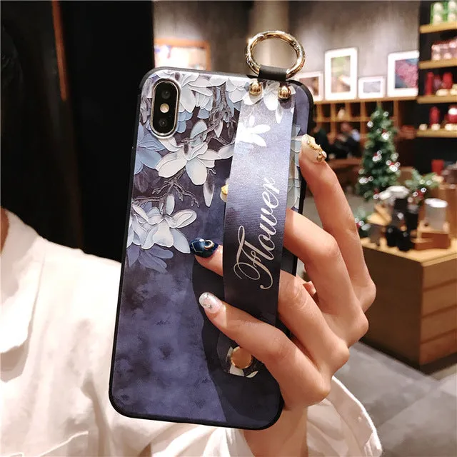 For iPhone 11 Case Fashion Flower Phone Holder Case for iPhone 8 Plus 6 6s 7 X XR XS 11 pro max Soft TPU Wrist Strap Cover Etui