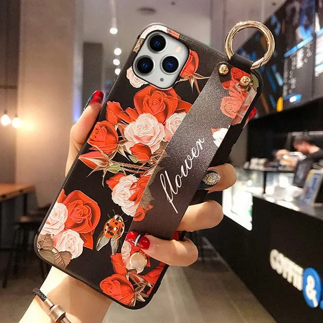 For iPhone 11 Case Fashion Flower Phone Holder Case for iPhone 8 Plus 6 6s 7 X XR XS 11 pro max Soft TPU Wrist Strap Cover Etui