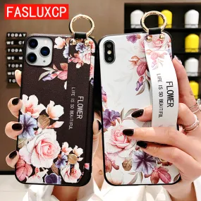 For iPhone 11 Case Fashion Flower Phone Holder Case for iPhone 8 Plus 6 6s 7 X XR XS 11 pro max Soft TPU Wrist Strap Cover Etui