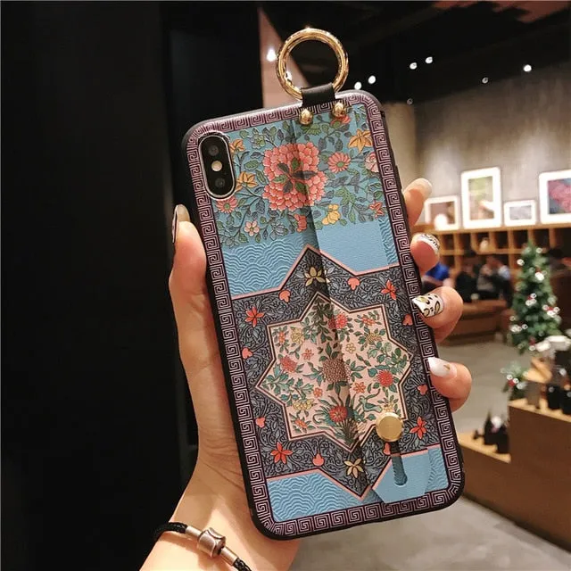 For iPhone 11 Case Fashion Flower Phone Holder Case for iPhone 8 Plus 6 6s 7 X XR XS 11 pro max Soft TPU Wrist Strap Cover Etui