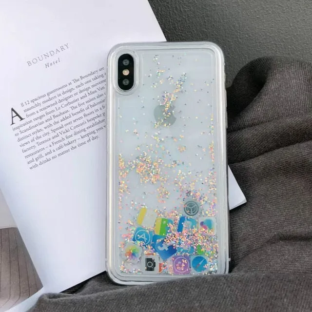 For iPhone 8 Liquid Hard PC Clear Phone Shell For iPhone 6 6S 7 8 Plus X XS XR MAX Cases Quicksand Cover Cute APP icon Case Capa