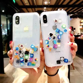 For iPhone 8 Liquid Hard PC Clear Phone Shell For iPhone 6 6S 7 8 Plus X XS XR MAX Cases Quicksand Cover Cute APP icon Case Capa