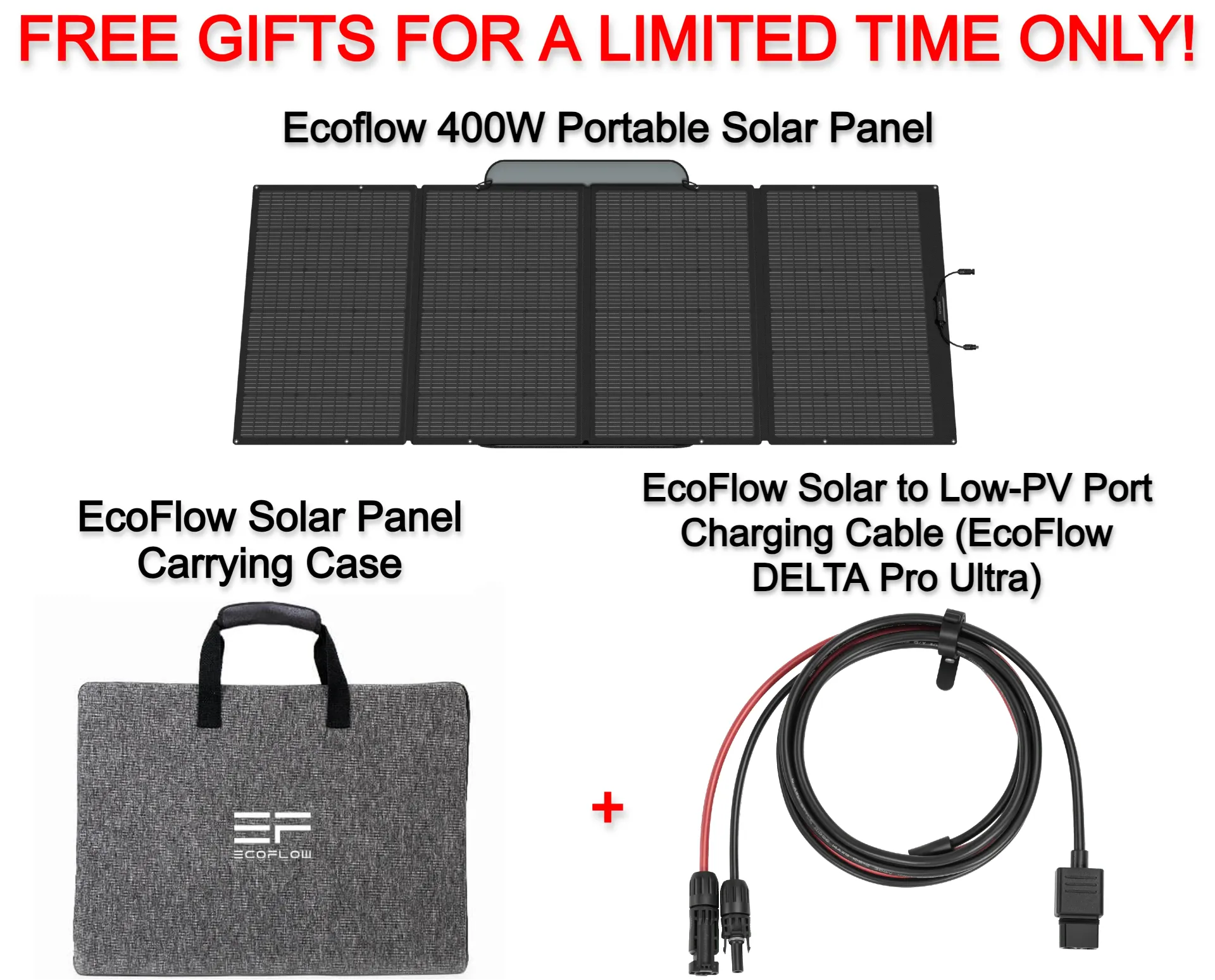 Free EcoFlow 400W Portable Solar Panel   EcoFlow Solar Panel Carrying Case   EcoFlow Solar to Low-PV Port Charging Cable for EcoFlow DELTA Pro Ultra ($888.97 Value)