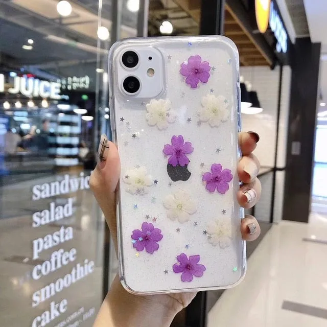 Qianliyao Real Dried Flowers Transparent Soft Cover For iPhone X 6 6S 7 8 Plus 11 Pro Max Phone Case For iphone XR XS Max Cover