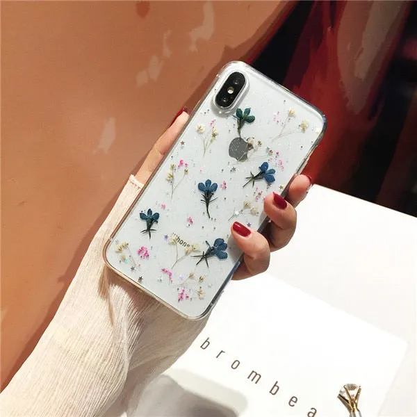 Qianliyao Real Dried Flowers Transparent Soft Cover For iPhone X 6 6S 7 8 Plus 11 Pro Max Phone Case For iphone XR XS Max Cover