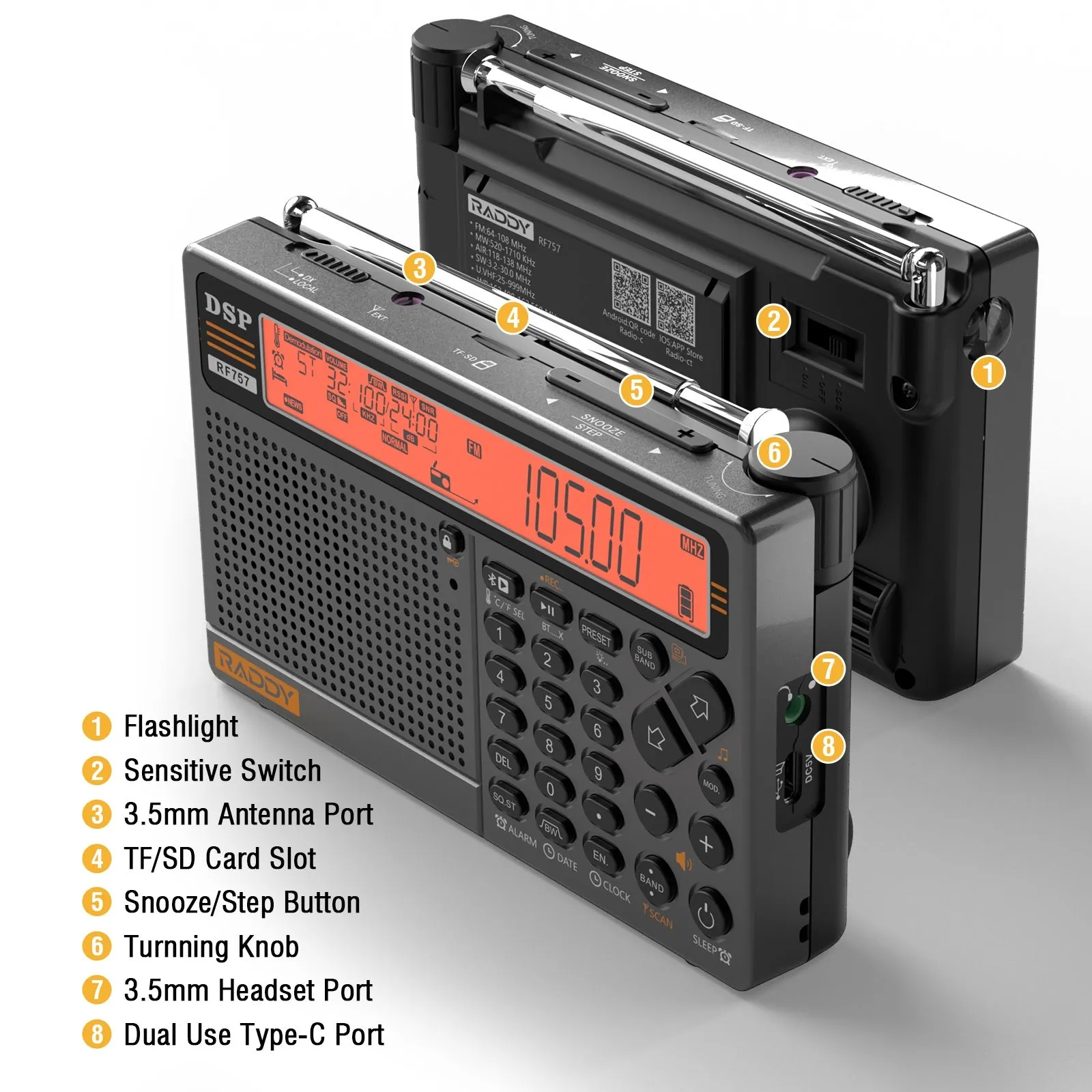 Raddy RF757 Shortwave Radio | APP Control | AM/FM/SW/VHF/UHF/CB/AIR/NOAA | 1000 Presets | Bluetooth 5.0 | 2500mAh Battery