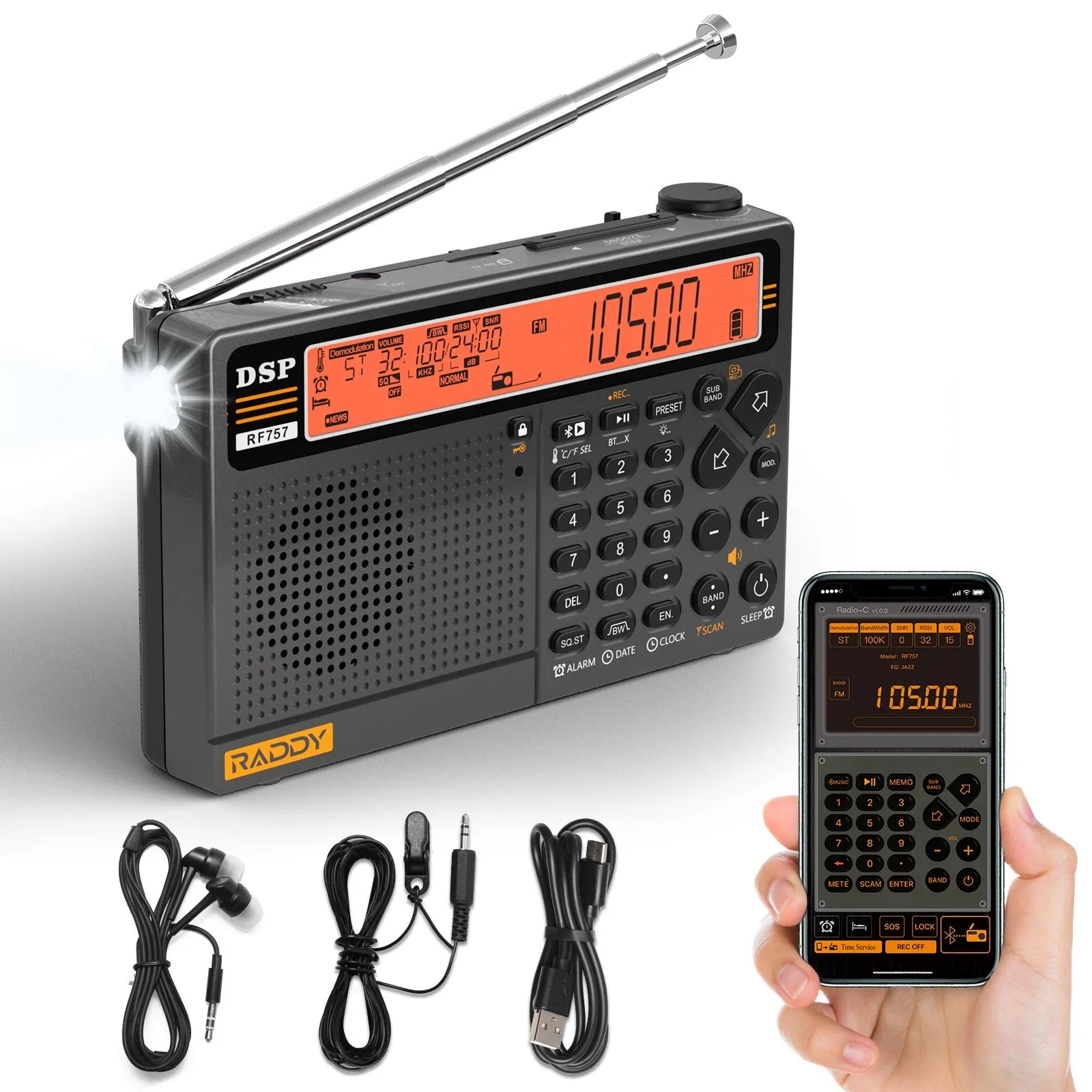 Raddy RF757 Shortwave Radio | APP Control | AM/FM/SW/VHF/UHF/CB/AIR/NOAA | 1000 Presets | Bluetooth 5.0 | 2500mAh Battery