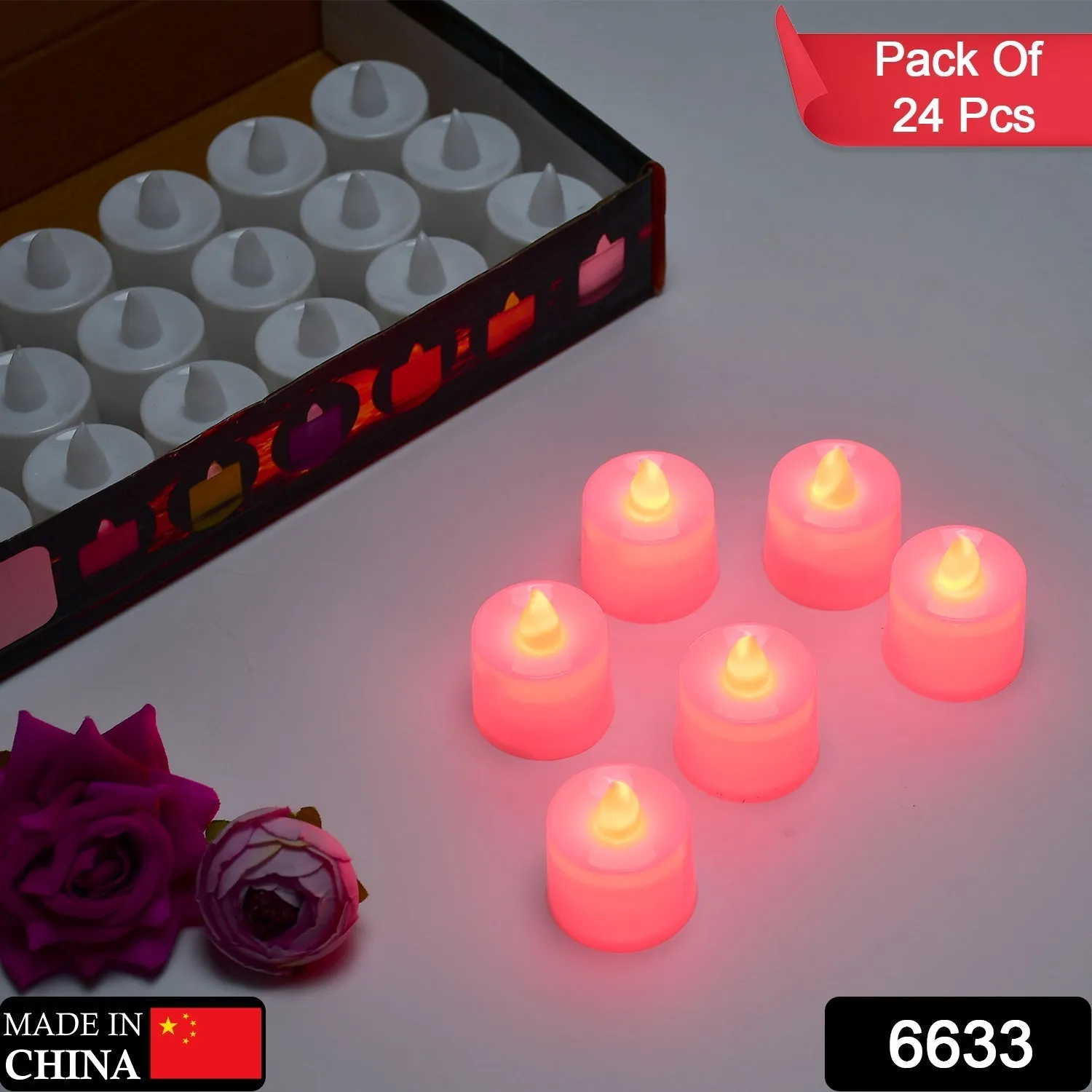 Red Flameless LED Tealights, Smokeless Plastic Decorative Candles - Led Tea Light Candle For Home Decoration (Pack Of 24)