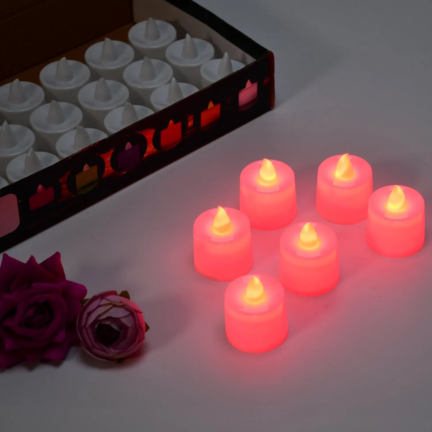 Red Flameless LED Tealights, Smokeless Plastic Decorative Candles - Led Tea Light Candle For Home Decoration (Pack Of 24)