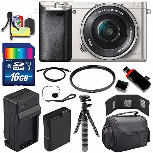 Sony Alpha a6000 Mirrorless Digital Camera with 16-50mm Lens (Silver)   Battery   Charger   16GB Bundle 1 - International