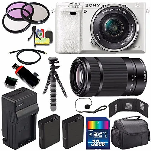 Sony Alpha a6000 Mirrorless Digital Camera with 16-50mm Lens (White)   Sony E 55-210mm f/4.5-6.3 OSS E-Mount Lens 32GB Ultimate Bundle