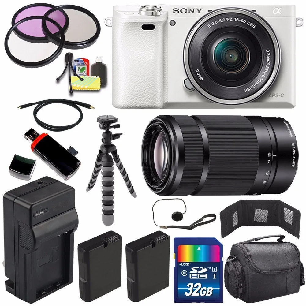 Sony Alpha a6000 Mirrorless Digital Camera with 16-50mm Lens (White)   Sony E 55-210mm f/4.5-6.3 OSS E-Mount Lens 32GB Ultimate Bundle