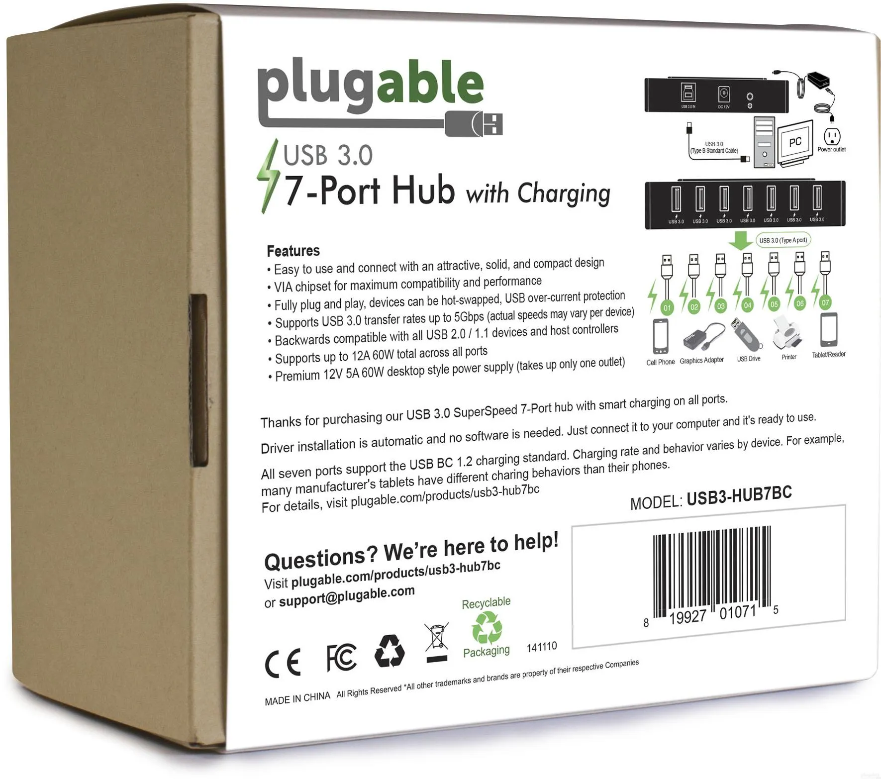 USB 3.0 7-Port Charging Hub with 60W Power Adapter